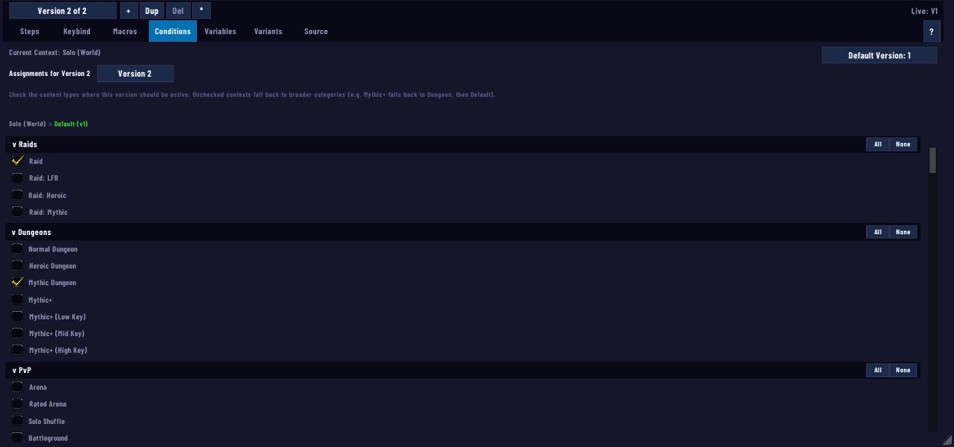 The Conditions tab on a sequence version, with content-type checkboxes for raids, dungeons, and Mythic+ tiers