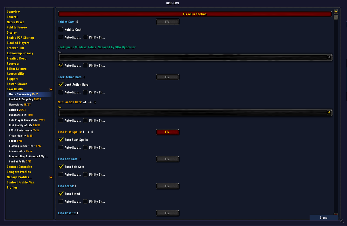 The CVar Health tab in GRIP-EMS settings, showing Macro Sequencing rows