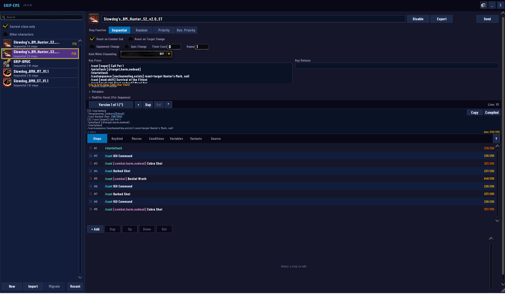 The GRIP-EMS sequence editor open on a real sequence in the game