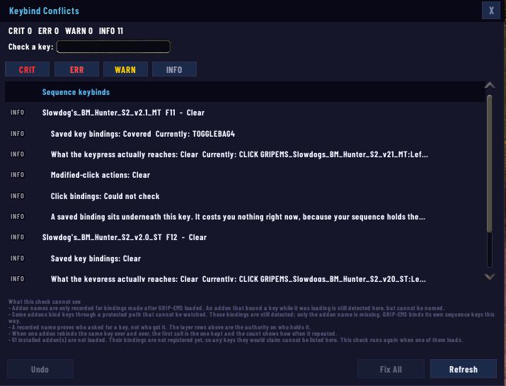 The keybind conflict checker listing a key and what owns it