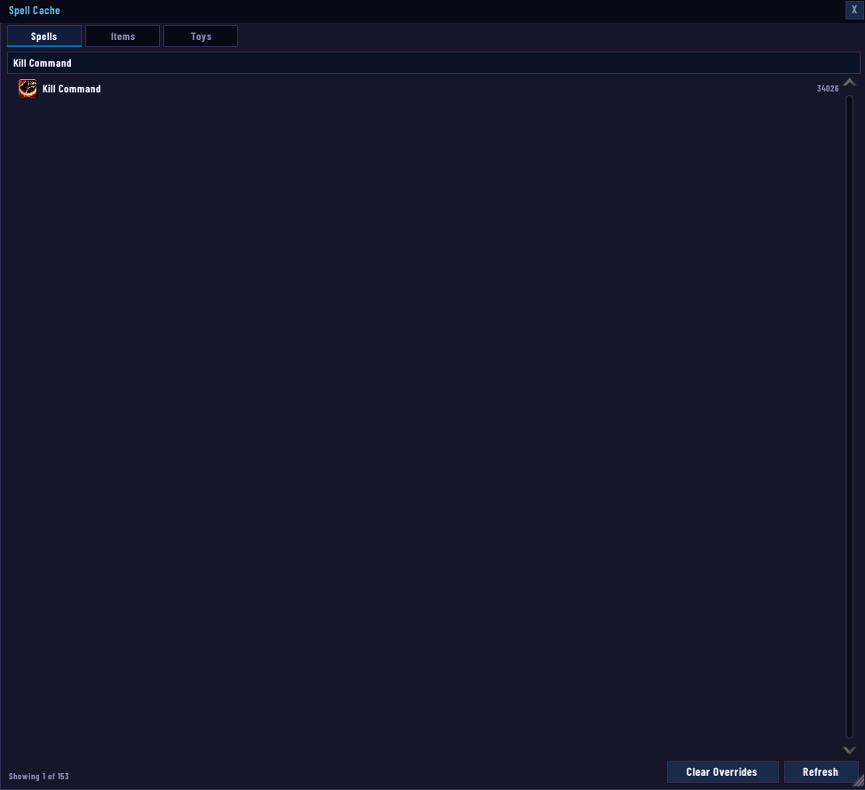 The Spell Cache Viewer listing spell names, icons, and spell IDs